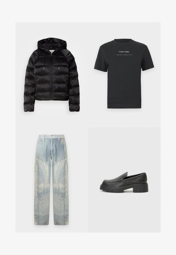 Juodas pūkuotas džemperis su gaubtu, turi užtrauktuką priekyje, elastingus rankogalius ir lygų, blizgų paviršių. Ant krūtinės yra logotipo detalė.; Juodas medvilninis marškinėliai su apvaliu kaklu, trumpomis rankovėmis ir baltu spausdintu "Calvin Klein" logotipu bei tekstu "Įkurtas 1968".; Šviesiai mėlyni džinsai su blukusia abstrakčia rašta; platūs kojų dizainas, sagų užsegimas, penkios kišenės ir kontrastinis siuvimas.; Juodi odiniai loaferiai su apvaliu pirštu, storu tekstūruotu padu ir minimaliu siūlių dekoru. Išskirtinis dizainas be matomų raištelių ar furnitūros.