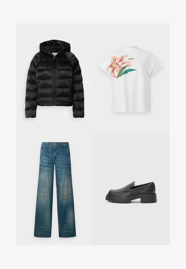 Sort pufferjakke med hætte, med lynlås foran, elastiske ærmer og en glat, blank overflade. Inkluderer logo-detalje på brystet.; Hvid bomulds T-shirt med korte ærmer, prydet med et pink blomsterdesign og grønne blade på venstre side. "Guess" logo i grå over designet.; Denimjeans i lyseblå til mellemblå vask, med vide ben, kontrastpaneler og let falming. Klassisk design med fem lommer.; Sorte læder loafers med rund tå, tyk tekstureret sål og minimale syninger. Elegant design uden synlige snørebånd eller hardware.