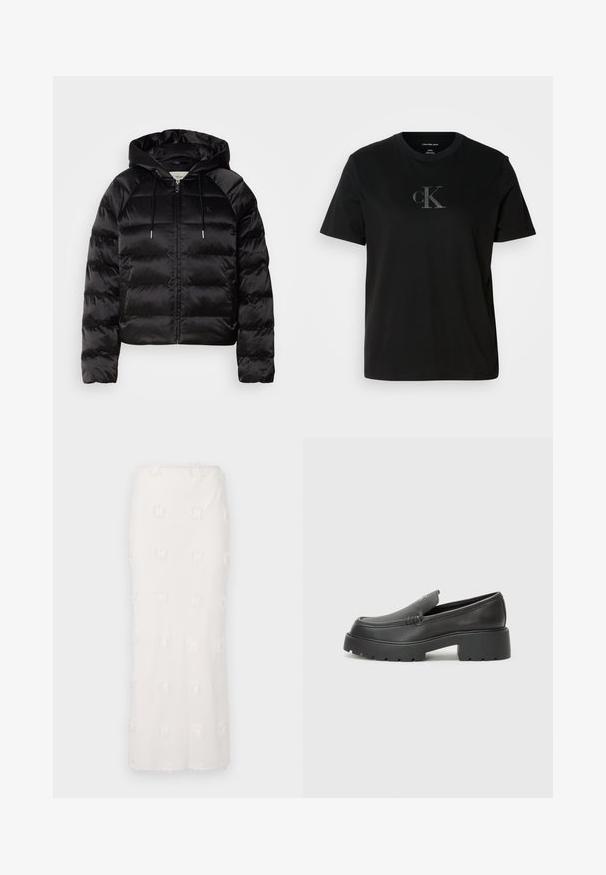 Doudoune noire avec capuche, présentant une fermeture éclair à l'avant, des poignets élastiques et une texture lisse et brillante. Comprend un détail de logo sur la poitrine.; T-shirt noir en coton à manches courtes avec un logo cK gris subtil sur la poitrine. Col rond et coupe décontractée avec ourlet droit.; Jupe blanche mi-longue en tissu texturé, présentant un motif brodé avec des franges subtiles. Coupe droite et taille sans couture.; Mocassins en cuir noir avec un bout arrondi, une semelle épaisse et texturée, et des détails de couture minimalistes. Design épuré sans lacets ni métal visibles.