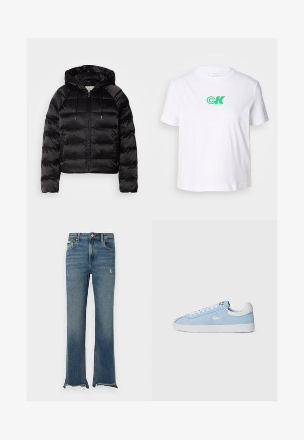 Czarna puchowa kurtka z kapturem, z suwakiem z przodu, elastycznymi mankietami i gładką, błyszczącą teksturą. Zawiera detal z logo na klatce piersiowej.; Biała bawełniana koszulka z okrągłym dekoltem i krótkimi rękawami, z zielonym logo Calvin Klein z przodu. Klasyczny, prosty krój.; Niebieskie dżinsy z lekkim przetarciem, surowym postrzępionym wykończeniem na dole, przednimi kieszeniami, szlufkami na pasek i zapięciem na guzik.; Jasnoniebieskie zamszowe sneakersy z białymi sznurowadłami i gumową podeszwą. Posiadają małe srebrne logo z boku oraz biały skórzany uchwyt na pięcie.