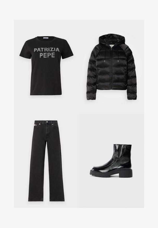 Black puffy jacket with a hood, featuring a zip front, elastic cuffs, and a smooth, glossy texture. Includes logo detail on the chest.; Black cotton t-shirt featuring short sleeves, a round neckline, and decorative rhinestone lettering spelling "PATRIZIA PEPE" on the front.; Black wide-leg jeans made of denim, featuring a high-rise waist, five-pocket styling, and a metal button closure with contrasting stitching.; Black ankle boots with a glossy patent leather finish, chunky black rubber sole, and raised heel; includes subtle logo detail on the side.