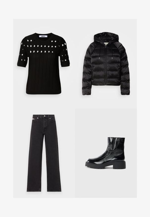 Czarna puchowa kurtka z kapturem, z suwakiem z przodu, elastycznymi mankietami i gładką, błyszczącą teksturą. Zawiera detal z logo na klatce piersiowej.; Czarny sweter dzianinowy z krótkimi rękawami, prążkowaną fakturą i okrągłym dekoltem. Liczne wycięcia tworzą wzór na przodzie.; Czarne dżinsy o szerokich nogawkach, wykonane z denimu, z wysokim stanem, pięcioma kieszeniami oraz metalowym zapięciem z kontrastowym szwem.; Czarne botki sięgające kostki o błyszczące wykończenie z lakierowanej skóry, masywna czarna gumowa podeszwa i podwyższony obcas; zawierają subtelny detal z logo z boku.