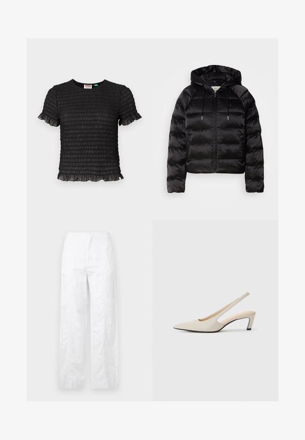 Fekete, kapucnis puffkabát, elülső cipzárral, elasztikus mandzsettákkal és sima, fényes felülettel. Mellkasi logó részlet is található rajta.; Fekete, rövid ujjú felső smockolt textúrával és fodros alsó résszel. Könnyű, enyhén áttetsző anyag klasszikus crew nyakkivágással.; Fehér, széles szárú nadrág könnyű anyagból, sima textúrával, letisztult vonalakkal és magasderék kialakítással.; Bézs bőrű, hegyes orrú slingback cipő, kivágott dizájnnal, 5 cm magas blokk sarokkal és sima textúrával. Fekete talppal kiemelve.