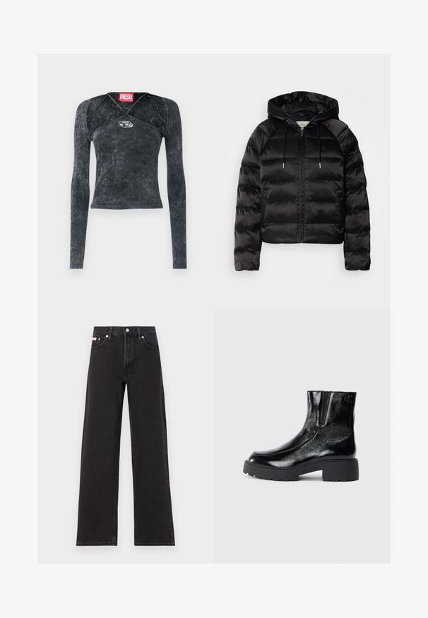 Juodas pūkuotas džemperis su gaubtu, turi užtrauktuką priekyje, elastingus rankogalius ir lygų, blizgų paviršių. Ant krūtinės yra logotipo detalė.; Diesel MARINEL - Ilgarankovis viršutinės dalies drabužis - black; Juodos plačios kojų džinsai, pagaminti iš džinsinio audinio, su aukštu liemeniu, penkių kišenių stiliumi ir metaline sagte su kontrastingo siuvimo detalėmis.; Juodi kulkšniniai batai su blizgia lakuota oda, storu juodu guminio pado ir pakeltu kulnu; šone yra subtilus logotipo detalė.