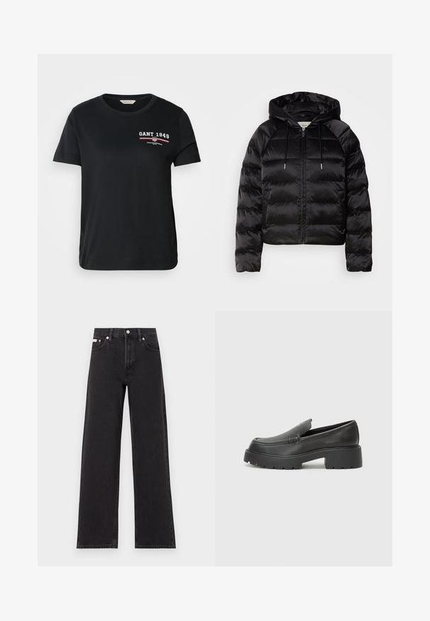Casaco puffer preto com capuz, apresentando um fecho de correr frontal, punhos elásticos e uma textura suave e brilhante. Inclui detalhe do logótipo no peito.; Camiseta preta de algodão com gola redonda, mangas curtas, apresentando o logotipo e texto em branco e vermelho "GANT 1949" no lado esquerdo do peito.; Jeans de perna larga pretos feitos de denim, apresentando uma cintura alta, estilo de cinco bolsos e um fecho em botão de metal com costura contrastante.; Mocassins de couro preto com bico arredondado, sola espessa e texturizada, e detalhes de costura minimalistas. Design elegante sem atacadores ou ferragens visíveis.
