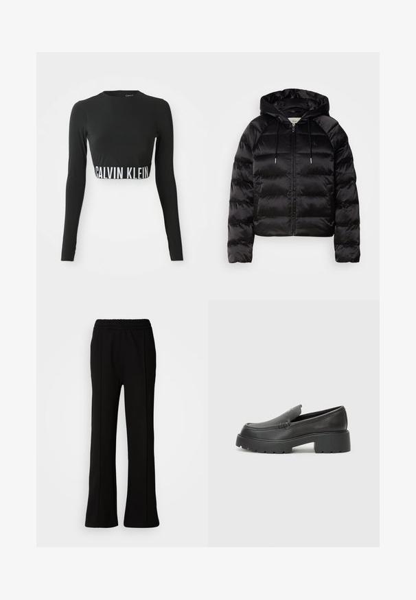 Crna pufasta jakna s kapuljačom, s patent zatvaračem sprijeda, elastičnim manžetama i glatkom, sjajnom teksturom. Sadrži detalj s logotipom na prsima.; Crna dugački rukav uska majica s visokim izrezom i bijelom trakom s logom "Calvin Klein" oko struka.; Crne elastične hlače s proširenim dizajnom, s čistem linijama i bez vidljivih ukrasa. Izrađene od glatkog, rastezljivog materijala.; Crne kožne loaferice s zaobljenim vrhom, debelim teksturiranim potplatom i minimalnim detaljima šivanja. Elegantna izrada bez vidljivih vezica ili metalnih elemenata.