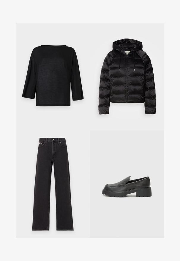 Črna puhovka s kapuco, z zadrgo spredaj, elastičnimi zapestji in gladko, sijajno teksturo. Vključuje podrobnost z logotipom na prsih.; Črn, ohlapen top z širokim izrezom in dolgimi rokavi do tri četrtine. Material se zdi mehak in lahek z gladko strukturo.; Črne široke jeans hlače iz denima, s poudarjenim pasom, petimi žepi in kovinskim gumbom za zapiranje ter kontrastnim šivanjem.; Črne usnjene loafers čevlje z zaobljenim nosom, debelim teksturiranim podplatom in minimalnimi šivi. Elegantna zasnova brez vidnih vezalk ali kovinskih delov.