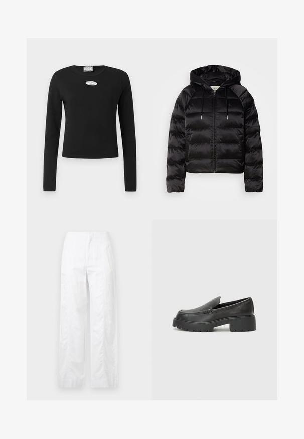 Must mustkade jope kapuutsiga, millel on luku ees, elastsed mansetid ja sujuv, läikiv tekstuur. Sisaldab logo detaili rinnal.; Must have pikkade varrukatega must T-särk, mis on valmistatud puuvillast ning millel on ümmargune kaelus. Ees keskkohtas on hõbedane ovaalne logo.; Valged laiad püksid, mis on valmistatud kergetest materjalidest, omades siledat tekstuuri, puhtaid jooni ja kõrget vöökohta.; Mustad nahast loafers ümarate varvastega, paksu tekstuuriga tald ja minimaalsete õmbluse detailidega. Viimistletud disain, kus pole nähtavaid paelu ega riistu.