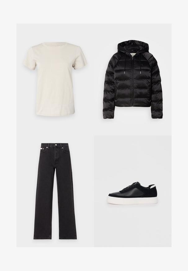 Chaqueta negra acolchada con capucha, con cierre de cremallera en la parte delantera, puños elásticos y una textura suave y brillante. Incluye un detalle de logo en el pecho.; Camiseta de algodón de manga corta color beige claro con cuello redondo y un sutil detalle de texto en la parte delantera. Textura suave y corte relajado.; Jeans anchos de mezclilla negros, con cintura alta, cinco bolsillos y cierre de botón metálico con costuras contrastantes.; Zapatilla negra con paneles de cuero liso y de ante, cordones planos, punta redondeada y una suela de goma blanca. Logotipo distintivo en el talón.