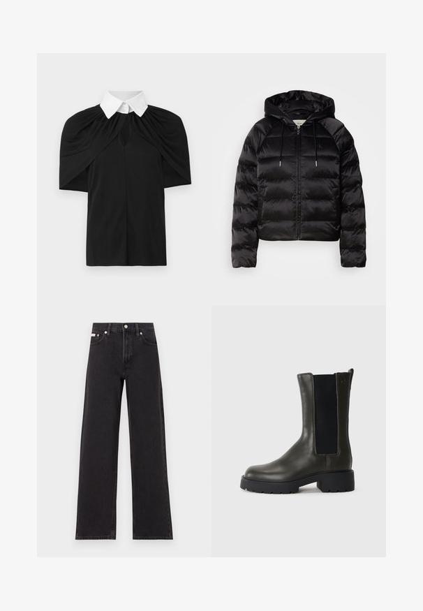 Must mustkade jope kapuutsiga, millel on luku ees, elastsed mansetid ja sujuv, läikiv tekstuur. Sisaldab logo detaili rinnal.; Must kandiga valge kraega, drapeeritud disainiga, lühikeste varrukatega ja ees avatud lõikega. Sile tekstuur, casual istic.; Mustad laiad mustad teksad, millel on kõrge vöökoht, viie tasku stiil ja metallist nööpkinnitus kontrastsete õmblustega.; Roheline nahkne pahkluu saabas elastsete külgtaskutega, ümar varvas ja kummitald. Omab tekstuurset viimistlust ja plokknakki.