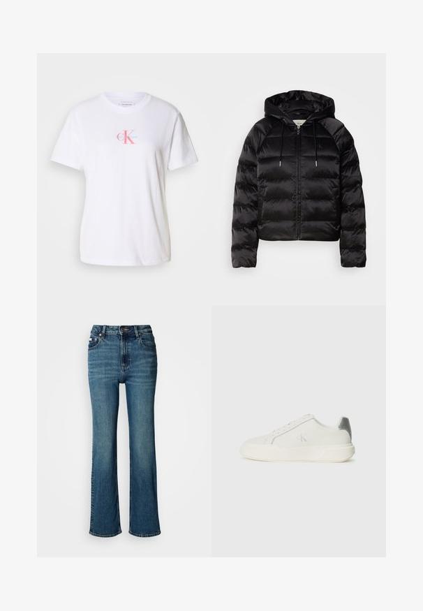 Casaco puffer preto com capuz, apresentando um fecho de correr frontal, punhos elásticos e uma textura suave e brilhante. Inclui detalhe do logótipo no peito.; T-shirt de algodão branca com decote redondo, mangas curtas e um logótipo na frente, em rosa e azul, com o texto "Calvin Klein" embaixo.; Jeans de cintura alta em denim azul, com um design de perna reta, desbotamento subtil e um fecho padrão com botão e zipper.; Sapatilha branca feita de couro com textura suave, apresentando um detalhe em prateado no calcanhar, sola plana e design minimalista.