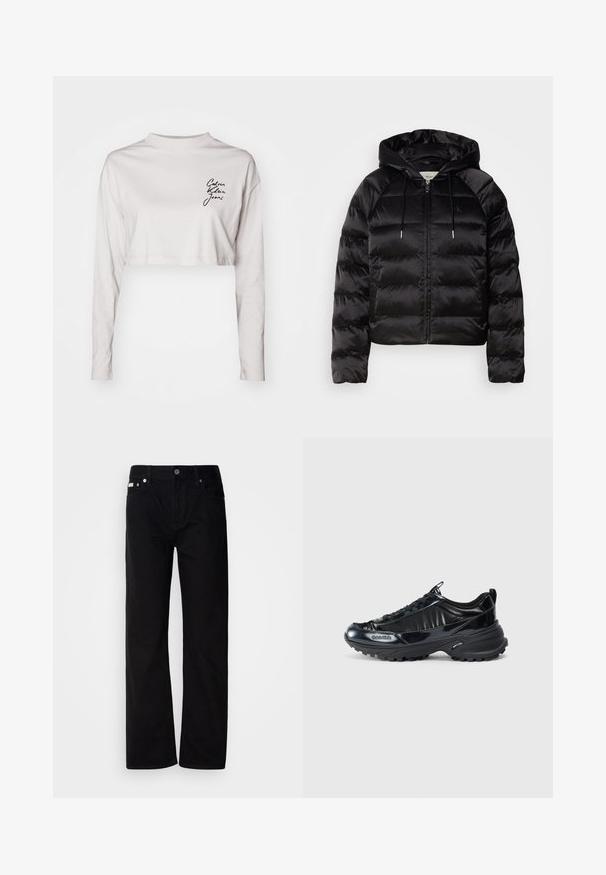 Black puffy jacket with a hood, featuring a zip front, elastic cuffs, and a smooth, glossy texture. Includes logo detail on the chest.; Cropped long-sleeve shirt in light gray cotton, featuring a high neck and black "Calvin Klein Jeans" logo on the left chest.; Black denim straight-leg pants with five pockets, silver rivets, and a button fly. The fabric has a smooth, slightly textured finish.; Black shiny sneakers with a curved upper design, textured rubber sole, and lace closure. Features branding on the side and a pull tab at the back.