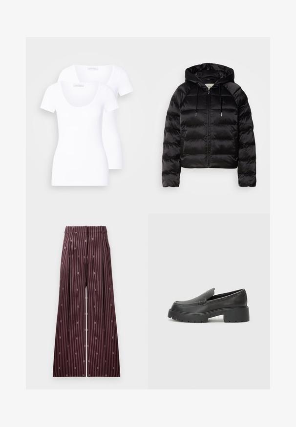 Casaco puffer preto com capuz, apresentando um fecho de correr frontal, punhos elásticos e uma textura suave e brilhante. Inclui detalhe do logótipo no peito.; Duas t-shirts brancas de manga curta com decote em forma de barco, feitas de um tecido suave, apresentando um design ajustado e sem padrões ou detalhes visíveis.; Calças largas cor bordô com riscas brancas verticais e detalhes bordados subtis. Apresentam pregas e um cós liso.; Mocassins de couro preto com bico arredondado, sola espessa e texturizada, e detalhes de costura minimalistas. Design elegante sem atacadores ou ferragens visíveis.