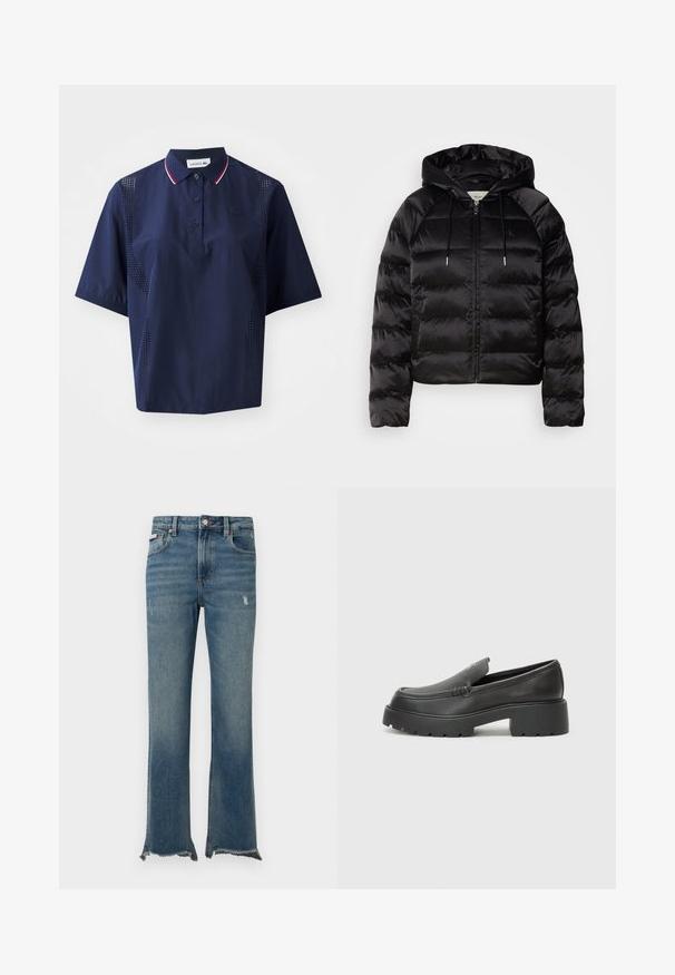 Casaco puffer preto com capuz, apresentando um fecho de correr frontal, punhos elásticos e uma textura suave e brilhante. Inclui detalhe do logótipo no peito.; Camisola polo de manga curta azul-marinho com fecho de botão, colarinho contrastante com detalhes em vermelho e branco, e painéis laterais perfurados para respirabilidade.; Calças de ganga azuis com ligeiros desgastes, bainhas cruas desfiadas, bolsos frontais, passadores para cinto e fecho com botão.; Mocassins de couro preto com bico arredondado, sola espessa e texturizada, e detalhes de costura minimalistas. Design elegante sem atacadores ou ferragens visíveis.