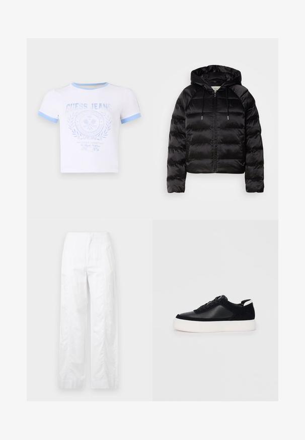 Black puffy jacket with a hood, featuring a zip front, elastic cuffs, and a smooth, glossy texture. Includes logo detail on the chest.; White cotton T-shirt with light blue ribbed collar and sleeves, featuring a faded blue graphic print and circular logo design on the front.; White wide-leg trousers made of lightweight fabric, featuring a smooth texture, clean lines, and a high waist design.; Black sneaker with smooth leather and suede panels, flat laces, rounded toe, and a white rubber sole. Distinct logo on the heel.