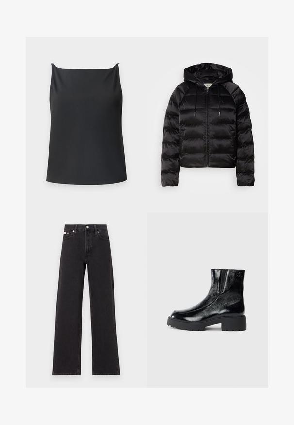 Black puffy jacket with a hood, featuring a zip front, elastic cuffs, and a smooth, glossy texture. Includes logo detail on the chest.; Black tank top with a ribbed texture, featuring a straight neckline, thin straps, and a relaxed fit. No visible hardware or patterns.; Black wide-leg jeans made of denim, featuring a high-rise waist, five-pocket styling, and a metal button closure with contrasting stitching.; Black ankle boots with a glossy patent leather finish, chunky black rubber sole, and raised heel; includes subtle logo detail on the side.