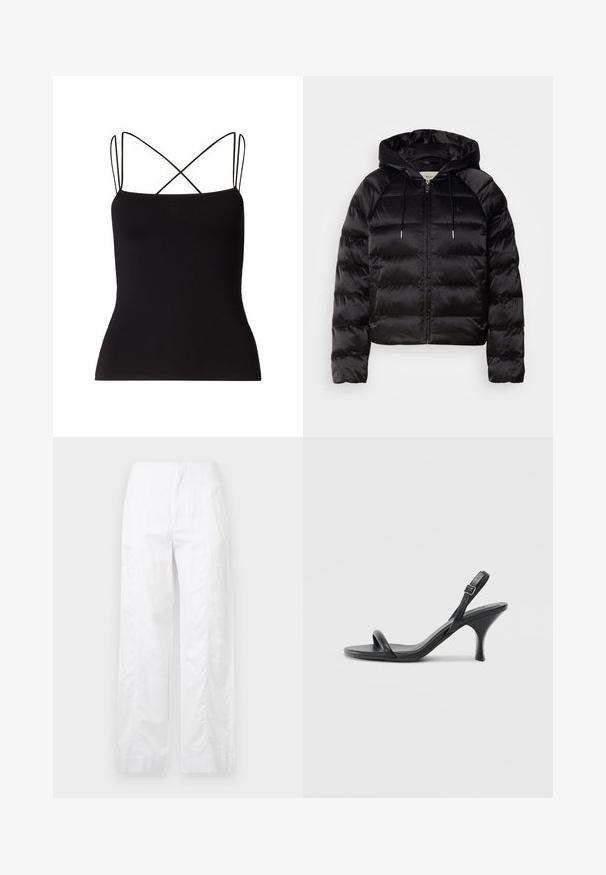Black puffy jacket with a hood, featuring a zip front, elastic cuffs, and a smooth, glossy texture. Includes logo detail on the chest.; Samsøe Samsøe SANEHA - Top - black; White wide-leg trousers made of lightweight fabric, featuring a smooth texture, clean lines, and a high waist design.; Black leather high-heeled sandals with a slim, curved heel and a crossed strap design. Adjustable ankle strap. Smooth texture.