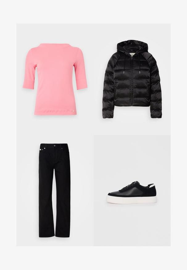 Schwarze, puffy Jacke mit Kapuze, mit Reißverschluss auf der Vorderseite, elastischen Bündchen und einer glatten, glänzenden Textur. Enthält Logodetails auf der Brust.; Rosa Baumwolloberteil mit Bootsausschnitt, ärmellangen Ärmeln und gerundetem Saum. Enthält ein kleines dekoratives Logo in der Nähe des Saums.; Schwarze Denim-Hosen mit geradem Bein, fünf Taschen, silbernen Nieten und einem Knopfverschluss. Der Stoff hat eine glatte, leicht strukturierte Oberfläche.; Schwarze Sneakers mit glattem Leder und Wildleder-Einsätzen, flachen Schnürsenkeln, runder Zehenpartie und einer weißen Gummisohle. Deutliches Logo an der Ferse.