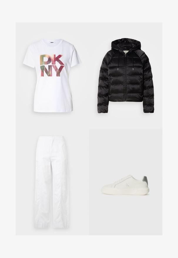 Black puffy jacket with a hood, featuring a zip front, elastic cuffs, and a smooth, glossy texture. Includes logo detail on the chest.; White cotton t-shirt featuring a large, colorful "DKNY" logo with a gradient effect and shimmering accents. Classic crew neck design.; White wide-leg trousers made of lightweight fabric, featuring a smooth texture, clean lines, and a high waist design.; White sneaker made of leather with a smooth texture, featuring a silver accent on the heel, flat sole, and minimalistic design.