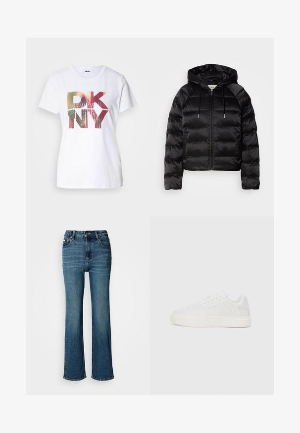 Black puffy jacket with a hood, featuring a zip front, elastic cuffs, and a smooth, glossy texture. Includes logo detail on the chest.; White cotton t-shirt featuring a large, colorful "DKNY" logo with a gradient effect and shimmering accents. Classic crew neck design.; High-waisted blue jeans made of denim, featuring a straight leg design, subtle fading, and a standard button and zipper closure.; White low-top sneakers with a flat sole, smooth synthetic upper, round toe, and tonal stitching. Features lace-up closure and side branding.