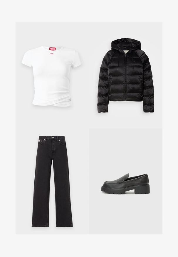 Sort pufferjakke med hætte, med lynlås foran, elastiske ærmer og en glat, blank overflade. Inkluderer logo-detalje på brystet.; Hvid kortærmet t-shirt lavet af ribbet stof, med et lille rødt Diesel-logo på brystet og en snoet detalje nær kanten.; Sorte vidde jeans lavet af denim, med høj talje, fem-lomme stil og en metalknap lukning med kontrasterende syninger.; Sorte læder loafers med rund tå, tyk tekstureret sål og minimale syninger. Elegant design uden synlige snørebånd eller hardware.