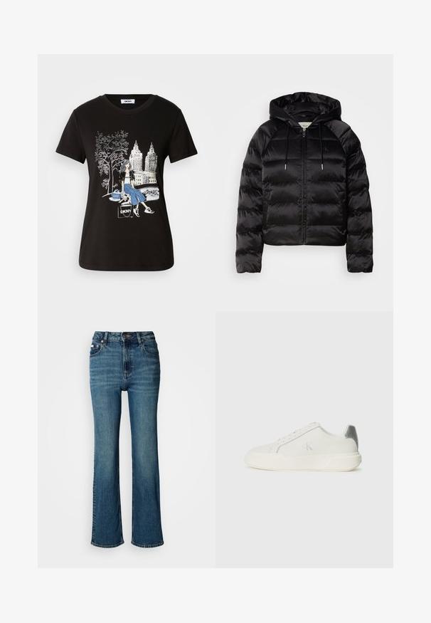Črna puhovka s kapuco, z zadrgo spredaj, elastičnimi zapestji in gladko, sijajno teksturo. Vključuje podrobnost z logotipom na prsih.; Črna bombažna majica s grafičnim dizajnom ženske, ki ima drevo in mestno pokrajino, poudarja kontrastne barve in zapletene detajle.; Visoko pasne modre jeans hlače iz denima, s straight leg dizajnom, rahlim bledenjem in standardnim gumbom ter zadrgo.; Belej športni čevelj iz usnja z gladko teksturo, ki ima srebrno akcentacijo na peti, ravno podplato in minimalističen dizajn.