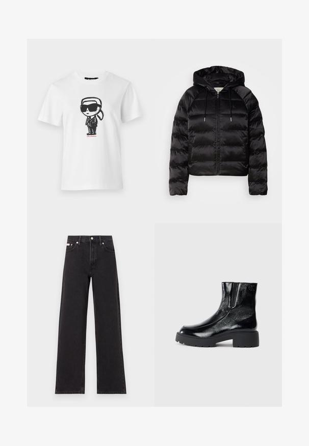 Casaco puffer preto com capuz, apresentando um fecho de correr frontal, punhos elásticos e uma textura suave e brilhante. Inclui detalhe do logótipo no peito.; T-shirt de algodão branco com uma ilustração de cartoon em preto e branco de uma personagem com óculos de sol oversized e um fato, com "KARL LAGERFELD" abaixo.; Jeans de perna larga pretos feitos de denim, apresentando uma cintura alta, estilo de cinco bolsos e um fecho em botão de metal com costura contrastante.; Botas de tornozelo pretas com acabamento em pele envernizada brilhante, sola de borracha preta robusta e salto elevado; inclui um detalhe discreto do logótipo na lateral.
