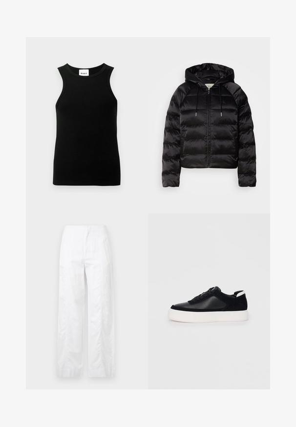 Schwarze, puffy Jacke mit Kapuze, mit Reißverschluss auf der Vorderseite, elastischen Bündchen und einer glatten, glänzenden Textur. Enthält Logodetails auf der Brust.; Schwarzes ärmelloses Oberteil mit geripptem Muster, runden Ausschnitt und taillierter Form. Das Etikett zeigt das "DAY"-Logo.; Weiße, weit geschnittene Hosen aus leichtem Stoff, mit glatter Textur, klaren Linien und einem Hochbund-Design.; Schwarze Sneakers mit glattem Leder und Wildleder-Einsätzen, flachen Schnürsenkeln, runder Zehenpartie und einer weißen Gummisohle. Deutliches Logo an der Ferse.