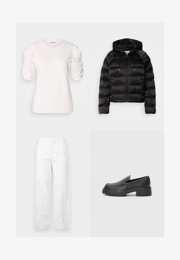 Melnas pūkainas jaka ar kapuci, ar rāvējslēdzēju priekšā, elastīgām piedurknēm un gludu, spīdīgu tekstūru. Satur logo detaļu uz krūtīm.; Balta T-krekls ar īsām, pūkainām piedurknēm, kas izgatavots no mežģīnēm. Apaļš kakla izgriezums, mīksta struktūra un nedaudz brīvs piegriezums. Zīmola etiķete redzama iekšpusē.; Baltas, plaša kāju bikses, izgatavotas no viegla auduma, ar gludu tekstūru, tīrām līnijām un augstu jostasvietu.; Melnas ādas mokasīni ar noapaļotu purngalu, biezs teksturēts zoles un minimālas dūriena detaļas. Gluds dizains bez redzamām auklām vai metāla elementiem.