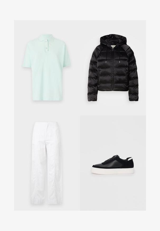 Čierna nadýchaná bunda s kapucňou, s predným zipsom, elastickými manžetami a hladkou, lesklou textúrou. Obsahuje detail loga na hrudi.; Svetlo mätová polokošela vyrobená z bavlny. Má klasický golier, krátke rukávy a dvojcestný gombíkový zapínanie. Diskrétny detail loga.; Biele široké nohavice z ľahkej látky, s hladkou textúrou, čistými líniami a vysokým pásom.; Čierne tenisky s hladkou kožou a semišovými panelmi, plochými šnúrkami, zaoblenou špičkou a bielou gumovou podrážkou. Výrazné logo na päte.