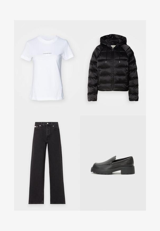 Juodas pūkuotas džemperis su gaubtu, turi užtrauktuką priekyje, elastingus rankogalius ir lygų, blizgų paviršių. Ant krūtinės yra logotipo detalė.; Balta medvilnės marškinėliai su apykakle, trumpomis rankovėmis ir mėlynu tekstu priekyje: "CalvinKleinJeans" su stilizuotu "K" logotipu.; Juodos plačios kojų džinsai, pagaminti iš džinsinio audinio, su aukštu liemeniu, penkių kišenių stiliumi ir metaline sagte su kontrastingo siuvimo detalėmis.; Juodi odiniai loaferiai su apvaliu pirštu, storu tekstūruotu padu ir minimaliu siūlių dekoru. Išskirtinis dizainas be matomų raištelių ar furnitūros.