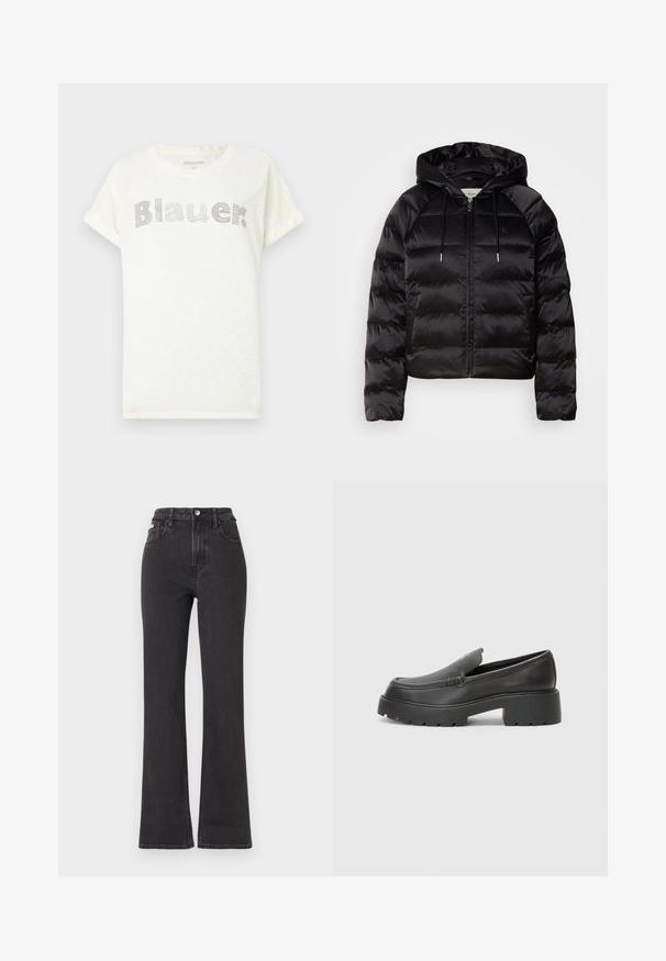 Sort pufferjakke med hætte, med lynlås foran, elastiske ærmer og en glat, blank overflade. Inkluderer logo-detalje på brystet.; Hvid kortærmet t-shirt lavet af blødt stof, med et prikket 'Blauer' logo på tværs af brystet. Omslåede ærmer giver en afslappet pasform.; Sorte højtaljede flagrende jeans lavet af denim, med knaplukning, bæltestropper og sidelommer. Glat tekstur med minimal falming.; Sorte læder loafers med rund tå, tyk tekstureret sål og minimale syninger. Elegant design uden synlige snørebånd eller hardware.