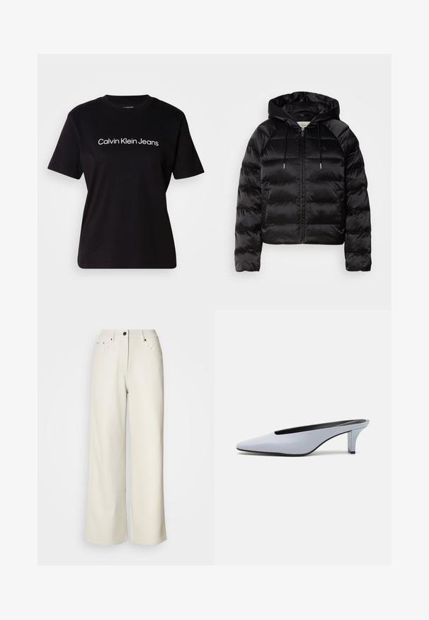 Mustat pörröiset takki hupulla, jossa on vetoketju edessä, elastiset hihansuut ja sileä, kiiltävä pinta. Sisältää logotarran rinnassa.; Musta puuvillainen t-paita lyhyillä hihoilla, pyöreällä kaula-aukolla ja valkoisella "Calvin Klein Jeans" -logolla rinnassa keskellä. Silkkinen pinta.; Kerman leveälahkeiset housut, jotka on valmistettu sileästä kankaasta. Ominaisuuksiin kuuluvat keskikorkea vyötärö, vetoketjukiinnitys ja kaksi etutaskua mustilla metalliosilla.; Vaaleansiniset patentoidut korkokengät, joissa on terävä kärki, matala läpinäkyvä korko ja tyylikäs muotoilu, jossa on aukko vampissa.