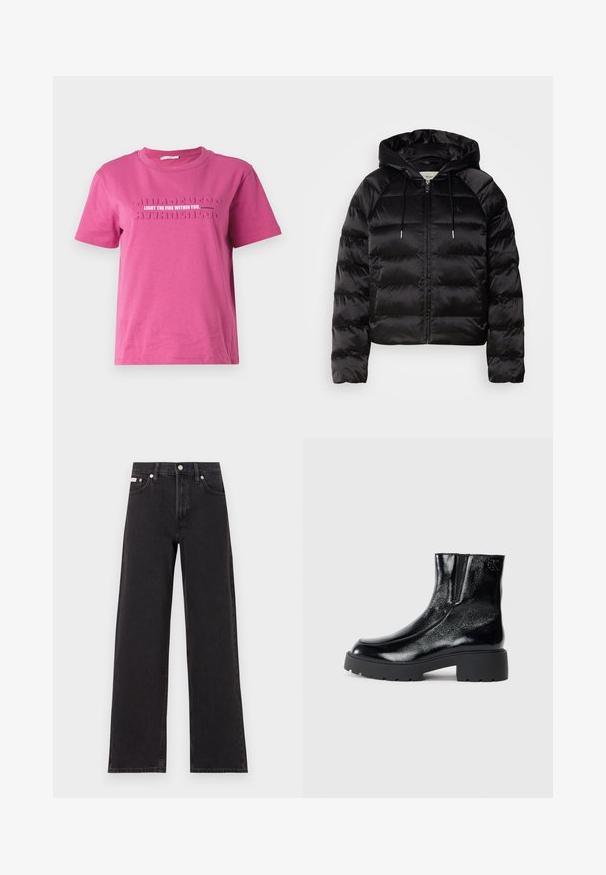 Črna puhovka s kapuco, z zadrgo spredaj, elastičnimi zapestji in gladko, sijajno teksturo. Vključuje podrobnost z logotipom na prsih.; Roza bombažna majica s kratkimi rokavi, ki ima izbočeno besedilo "PRIŽIGI OGNJENI V SEBI" in ponavljajoč vzorec "ZAVEDANJE".; Črne široke jeans hlače iz denima, s poudarjenim pasom, petimi žepi in kovinskim gumbom za zapiranje ter kontrastnim šivanjem.; Črne gležnarje z sijajnim patentiranim usnjem, debele črne gumijaste podplate in dvignjen petni del; vključujejo subtilen logotip na strani.