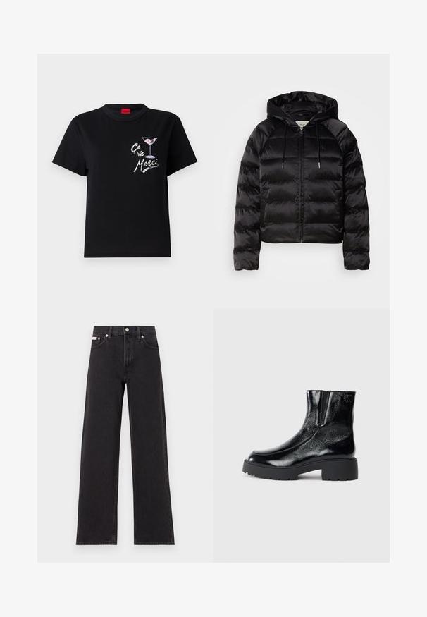 Casaco puffer preto com capuz, apresentando um fecho de correr frontal, punhos elásticos e uma textura suave e brilhante. Inclui detalhe do logótipo no peito.; T-shirt de algodão preto com mangas curtas, apresenta uma gráfica em branco e rosa de um copo de martini e o texto "Ça va Merci" numa fonte divertida.; Jeans de perna larga pretos feitos de denim, apresentando uma cintura alta, estilo de cinco bolsos e um fecho em botão de metal com costura contrastante.; Botas de tornozelo pretas com acabamento em pele envernizada brilhante, sola de borracha preta robusta e salto elevado; inclui um detalhe discreto do logótipo na lateral.