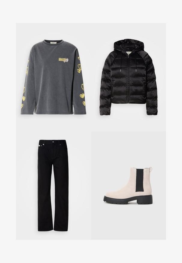 Svart puffy jakke med hette, med glidelås foran, elastiske mansjetter og en jevn, blank tekstur. Inkluderer logo detaljer på brystet.; Grå langermet skjorte med rund hals, med gule hjerte-mønstre langs ermene og en liten trykt logo på forsiden.; Svart denim rettfittede bukser med fem lommer, sølvnitter og knappestolpe. Stoffet har en glatt, lett teksturert overflate.; Beige semsket Chelsea-støvel med svart elastisk sidepanel, kraftig svart såle og trekkflik ved ankelen.