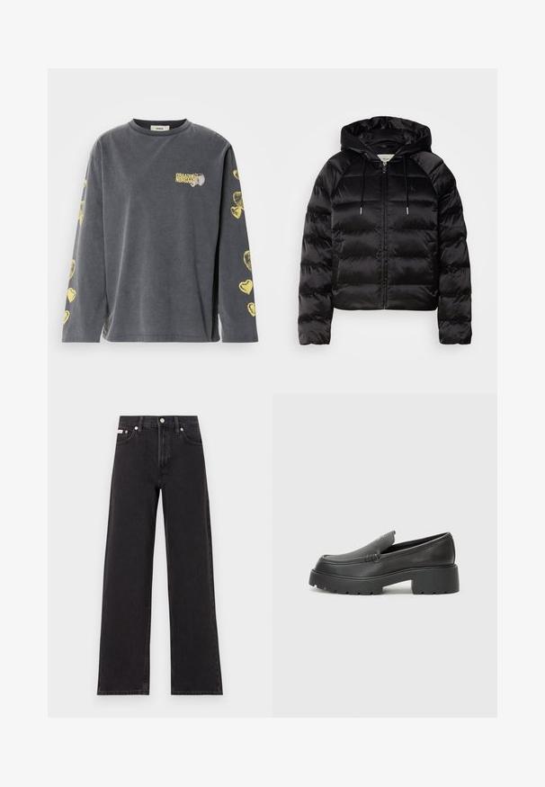 Jachetă pufosă neagră, cu glugă, cu fermoar în față, mansete elastice și o textură netedă, lucioasă. Include detalii cu logo pe piept.; Cămașă gri cu mânecă lungă și guler rotund, având modele de inimi galbene pe mâneci și un mic logo imprimat în față.; Jeanși negri cu picioare largi, fabricați din denim, cu talie înaltă, stil cu cinci buzunare și închidere cu nasture metalic, cu cusături contrastante.; Mocasini din piele neagră, cu vârf rotunjit, talpă groasă texturată și detalii minimale de cusătură. Design elegant, fără șireturi sau accesorii vizibile.