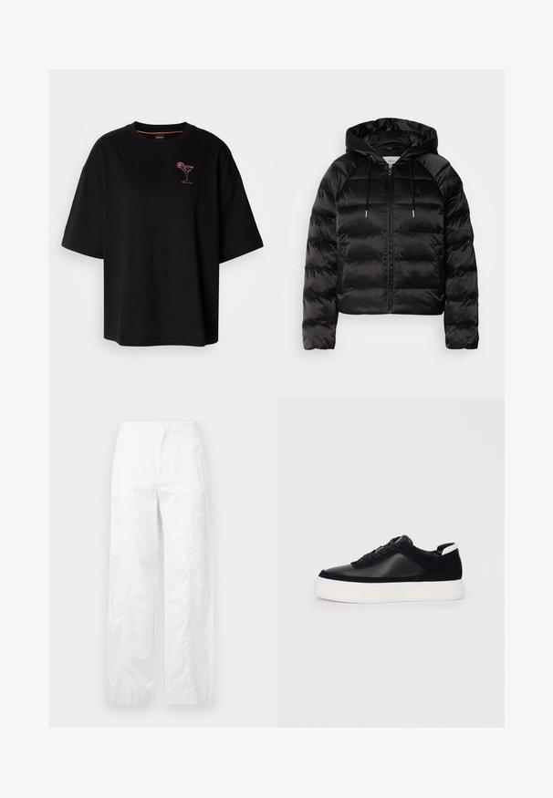 Melnas pūkainas jaka ar kapuci, ar rāvējslēdzēju priekšā, elastīgām piedurknēm un gludu, spīdīgu tekstūru. Satur logo detaļu uz krūtīm.; Melna, lielizmēra kokvilnas T-krekl, kas ir ar īsām piedurknēm un ar rozā izšūtu kokteiļa glāzes dizainu kreisajā krūšu daļā.; Baltas, plaša kāju bikses, izgatavotas no viegla auduma, ar gludu tekstūru, tīrām līnijām un augstu jostasvietu.; Melnas sporta kurpes ar gludu ādu un zamša paneļiem, plakaniem šņorēm, noapaļotu pirkstu daļu un baltu gumijas zolīti. Izteikts logo uz papēža.