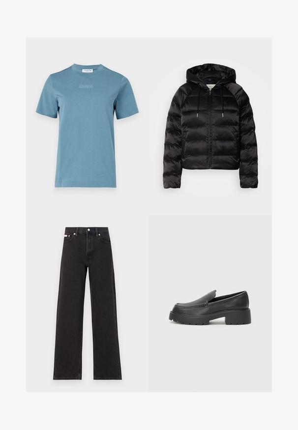 Black puffy jacket with a hood, featuring a zip front, elastic cuffs, and a smooth, glossy texture. Includes logo detail on the chest.; Cotton crew-neck t-shirt in light blue, featuring a textured "LACOSTE" logo on the front. Short sleeves and a standard fit.; Black wide-leg jeans made of denim, featuring a high-rise waist, five-pocket styling, and a metal button closure with contrasting stitching.; Black leather loafers with a rounded toe, thick textured sole, and minimal stitching details. Sleek design with no visible laces or hardware.