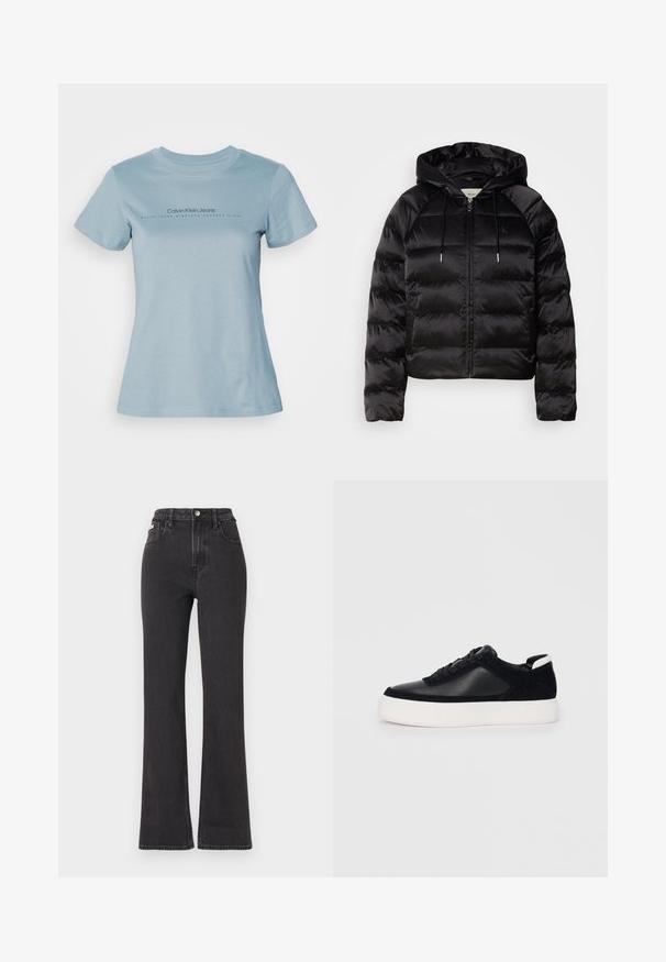 Casaco puffer preto com capuz, apresentando um fecho de correr frontal, punhos elásticos e uma textura suave e brilhante. Inclui detalhe do logótipo no peito.; T-shirt de algodão azul claro com gola redonda, mangas curtas, e texto preto "Calvin Klein Jeans" com "ESTABELECIDO MIL NOVECENTOS E SETENTA E OITO" embaixo.; Jeans flared pretos de cintura alta feitos de denim, com fecho de botão, passadores para cinto e bolsos laterais. Textura suave com desbotamento mínimo.; Sapatilha preta com painéis de pele lisa e camurça, atacadores planos, bico arredondado e sola de borracha branca. Logótipo distinto no calcanhar.