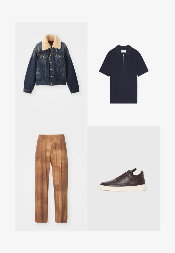 Denim jacket, dark blue, shearling collar, button closures, two chest pockets, side pockets, distressed texture, and contrast stitching details.; Navy polo shirt with short sleeves, ribbed texture, flat collar, and a front zipper. Label on the neck reads "NN. 07."; Brown patterned trousers with a textured surface, featuring a loose fit and straight legs. The fabric has a subtle grid design.; Dark brown textured leather sneaker with lace-up front and white ridged rubber sole on a plain light background.