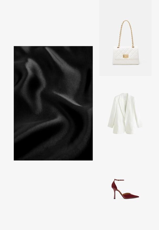 Valge linane bleiser, millel on klappkrae, ühe nööbiga sulgemine ja kaks eesmistTaskut. Omab veidi ülekasutatud lõiget ja pikki varrukasid.; Must tumes, millel siledust, millel uhke ohutest, mis loovad dünaamilise välimuse. Ükslane värv kogu ulatuses.; Läikkingi burgundia värvi kõrged kontsad, terava ninaga, sääretrööpusega, millel on kuldne pandla, ja peenikese stiletti konts.; Valge tikitud käekott kuldse aasa käepidemega ja ristküliku kujuline klamber. Omab siledat tekstuuri ja geomeetrilist õmblusmustrit.