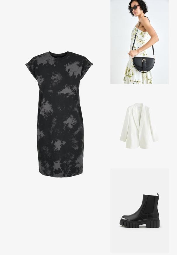 Balta linu žakete ar iegriezumu, vienu pogu un divām priekšējām kabatām. Iezīmē nedaudz pārmērīgu piegriezumu un garas piedurknes.; Melns īsām piedurknēm kleita ar saulē izbalējušu rakstu dažādās pelēkās nokrāsās, izgatavota no mīksta auduma ar brīvu piegriezumu.; Melnas potītes botas, izgatavotas no gludas ādas, ar elastīgām paneļām, biezu platformas zoli un metalizētu purngali.; Melnas ādas rokassoma ar izliekta formu, noņemamu siksnu un zelta aksesuāriem. Somai ir vāciņš ar sprādzes detaļu.