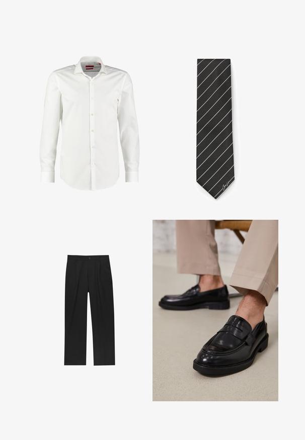 Long manteau noir en matériau léger. Doté d'un col, fermeture bouton sur le devant et poches latérales. Texture lisse, design minimaliste.; Chemise blanche à manches longues, en coton lisse. Elle présente un col classique, une patte de boutonnage épurée et des poignets à bouton.; Pantalons noirs au design droit, fabriqués à partir d'un tissu lisse. Dotés de plis sur le devant et d'une fermeture à un bouton à la taille.; Mocassins en cuir noir avec une finition lisse, ornés d'une sangle décorative et de coutures contrastées, associés à un pantalon beige.; Noeud papillon noir avec des rayures diagonales blanches, en tissu lisse. Présente une pointe aiguë et un petit logo dans le coin inférieur.