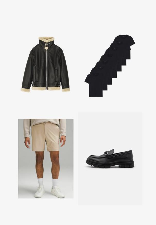 Musta nahkatakki, jossa on pehmeä beige karvareunus kauluksessa ja hihoissa. Takissa on edessä vetoketjusuljenta ja kaksi sivutaskua. Vankka malli, jossa soljet.; Sarja kahdeksasta mustasta puuvilla-t-paidasta, joissa on lyhyet hihat ja pyöreä kaula-aukko, yksinkertainen muotoilu ja pehmeä rakenne.; Beige shorts valmistettu kevyestä kankaasta, jossa on litteä etupinta, sivutaskut ja nappikiinnitys. Yhdistetty valkoisiin lenkkareihin ja sukkiin.; Musta nahkaloaferi pyöreällä varvalla, koristeellisesti varustetulla hihnalla ja metalliosilla sekä paksulla, teksturoidulla pohjalla. Sileä pinta hienovaraisin yksityiskohdin.