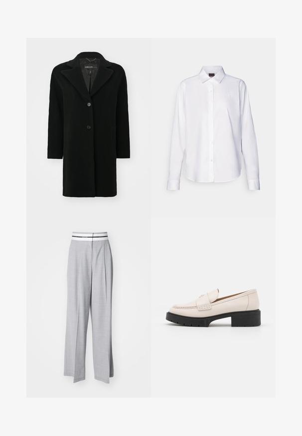 Black wool coat with a notched lapel, single-button closure, and side pockets. Clean design, mid-length with a soft texture.; White long-sleeve button-up shirt made of cotton. Features a classic collar and subtle branded embroidery on the chest. Smooth texture.; Gray wide-leg trousers with a textured fabric, featuring a white waistband with black accents and two front pleats for added detail.; Light beige leather loafers with a stitched front and a textured black platform heel. Features a curved design and a slight elevation.