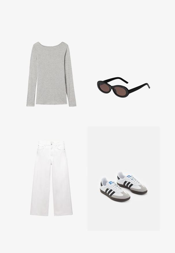 Czarny płaszcz trench wykonany z materiału przypominającego wełnę, z podwójnym zapięciem z przodu, dużym kołnierzem, paskiem w talii i podwiniętymi rękawami.; Ciemnoszary, długi kardigan zapinany na guziki z okrągłym dekoltem i ściągaczem, prezentowany na białym tle.; Koszula z długim rękawem w jasnoszarym kolorze z bawełny, z szerokim dekoltem i gładką, miękką fakturą, bez widocznych wzorów czy dodatków.; Białe dżinsy o szerokich nogawkach wykonane z bawełny, z wysokim stanem, pięcioma kieszeniami oraz mosiężnymi detalami. Gładka, nieprzetarta faktura.; Buty sportowe z białą skórzaną cholewką, szarym zamszowym noskiem i trzema czarnymi paskami. Posiadają niebieskie logo na języku oraz teksturowaną gumową podeszwę.; Czarne, owalne okulary przeciwsłoneczne z brązowymi, przyciemnionymi soczewkami. Posiadają grube plastikowe oprawki oraz smukłe, zakrzywione ramiona. Gładka faktura na całej powierzchni.