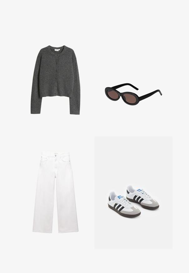Schwarzer Trenchcoat aus wollähnlichem Stoff, mit doppelter Knopfleiste, großem Kragen, tailliertem Gürtel und umgeschlagenen Manschetten.; Dunkelgrauer, langärmeliger Button-Up-Cardigan mit rundem Ausschnitt und geripptem Kragen, auf einem weißen Hintergrund dargestellt.; Langärmliges Shirt aus leichtem grauen Baumwollstoff, mit einem weiten Halsausschnitt und einer glatten, weichen Textur ohne erkennbare Muster oder Akzente.; Weiße, weit geschnittene Jeans aus Baumwolle mit hoher Taille, Fünf-Taschen-Design und Messingbeschlägen. Glatte, unbeschädigte Oberfläche.; Sportschuhe mit einem Obermaterial aus weißem Leder, grauer Wildleder-Zehenkappe und drei schwarzen Streifen. Sie verfügen über ein blaues Logo auf der Zunge und eine strukturierte Gummisohle.; Schwarze ovale Sonnenbrillen mit braun getönten Gläsern. Mit dicken Kunststoffrahmen und schlanken, geschwungenen Bügeln. Glatte Oberfläche über das gesamte Design.