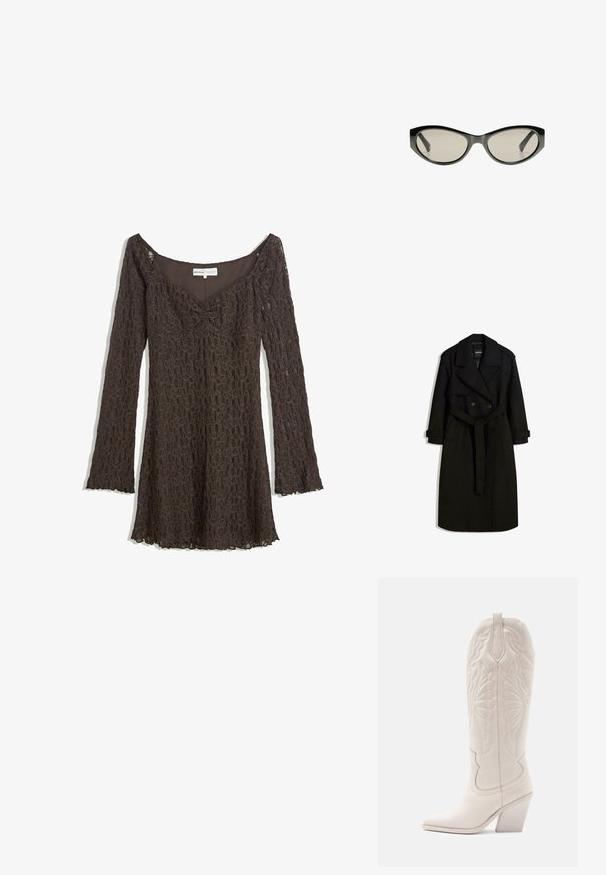 Fekete gyapjú jellegű anyagból készült trench coat, dupla gombolású elülső résszel, nagy gallérral, övvel ellátott derékkal és felgöngyölt mandzsettákkal.; Barna csipkeborítású ruha hosszú ujjakkal, vállat szabadon hagyó fazonnal, virágmintás, ráncolt elejű és fodros szegéllyel.; Fehér bőrcipő, hegyes orral és tömbsarkal. Bonyolult varrásmintákkal díszített szár és sima textúra jellemzi.; Fekete macska-szem napszemüveg szürke árnyalatú lencsékkel. Műanyag keret éles élű és sima, fényes felülettel rendelkezik.