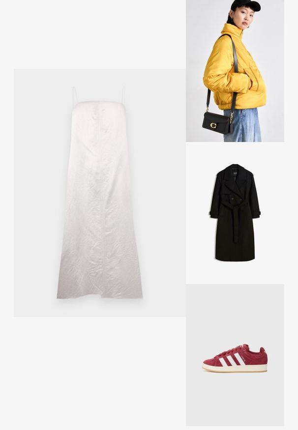 Palton negru dintr-un material asemănător lăncii, cu un front cu două rânduri de nasturi, guler mare, talie evidențiată prin curea și manșete răsucite.; Rochie albă, fără mâneci, cu o siluetă dreaptă, fabricată dintr-un material ușor texturat, având o cusătură centrală și bretele minime.; Adidași roșii din suede cu dungi albe, șireturi plate și talpă din cauciuc. Prezintă un guler și o limbă căptușite, cu logo-ul "CAMPUS" pe lateral.; Geacă galbenă căptușită cu guler înalt și buzunar frontal, asociată cu o geantă de umăr neagră cu accesorii aurii. Pantaloni casual din denim.